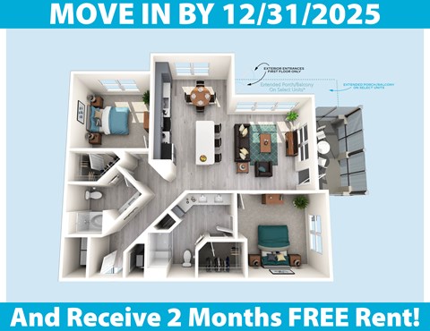 A promotional image for a move-in by December 31, 2025, offering two months free rent.